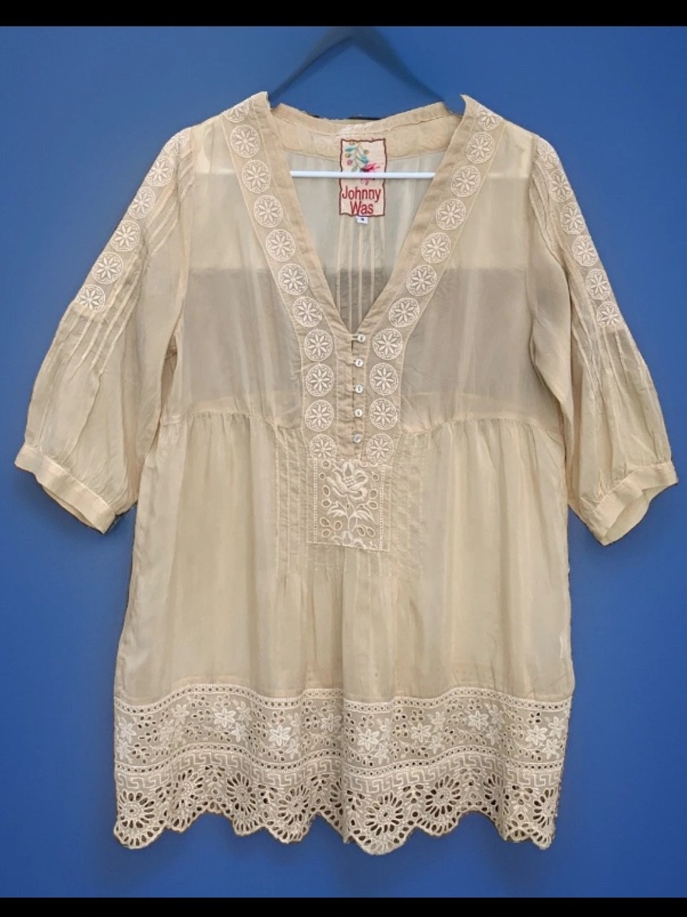 Johnny Was floral embroidered sheer Tunic / Peasant Blouse, size Small, Rn# 7291